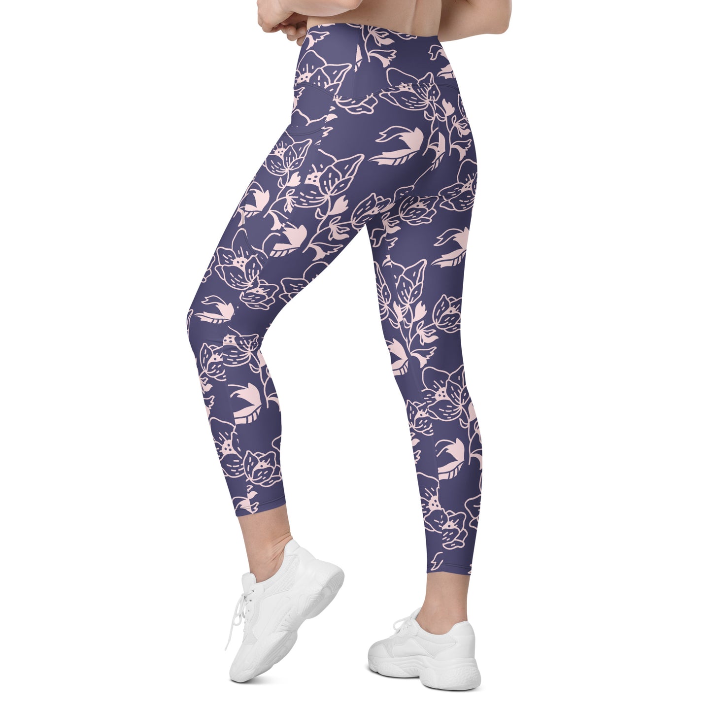 Lavender Floral High-Waist Leggings with Pockets