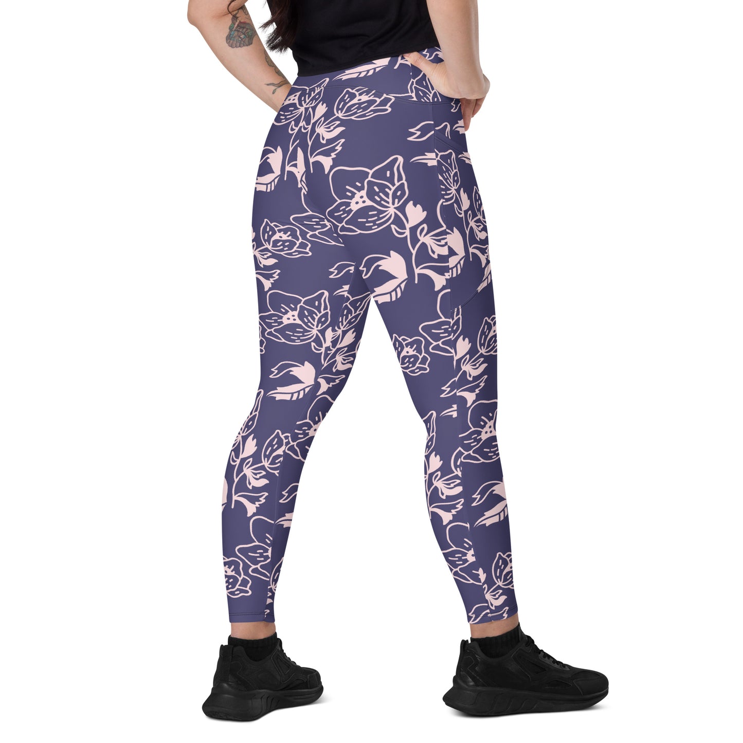 Lavender Floral High-Waist Leggings with Pockets