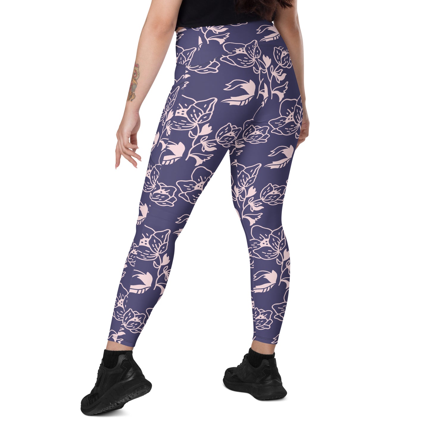 Lavender Floral High-Waist Leggings with Pockets