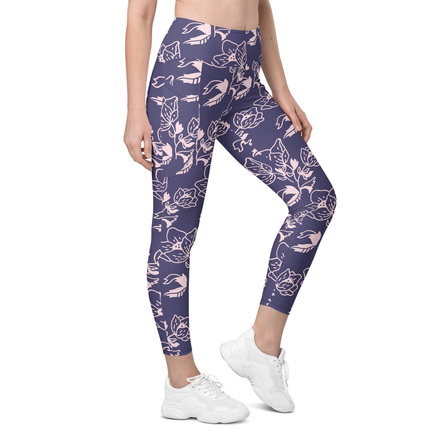 Lavender Floral High-Waist Leggings with Pockets
