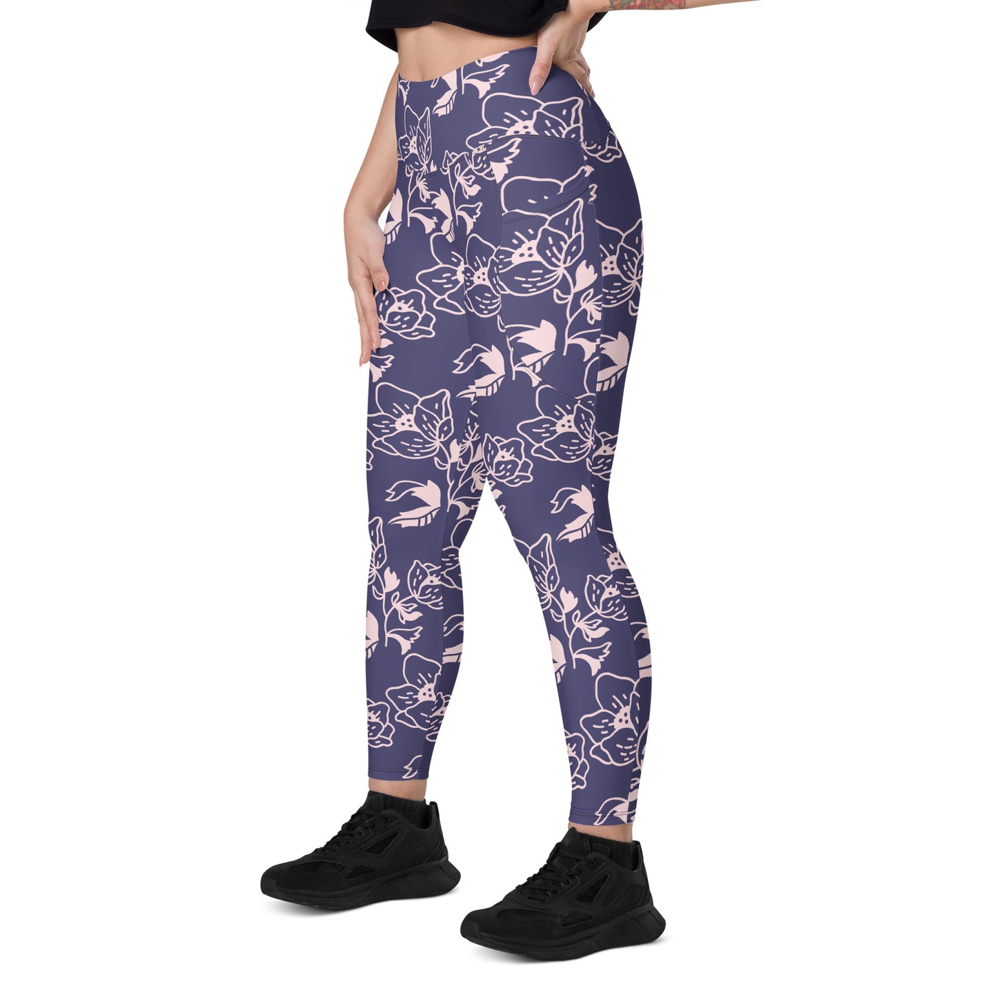 Lavender Floral High-Waist Leggings with Pockets