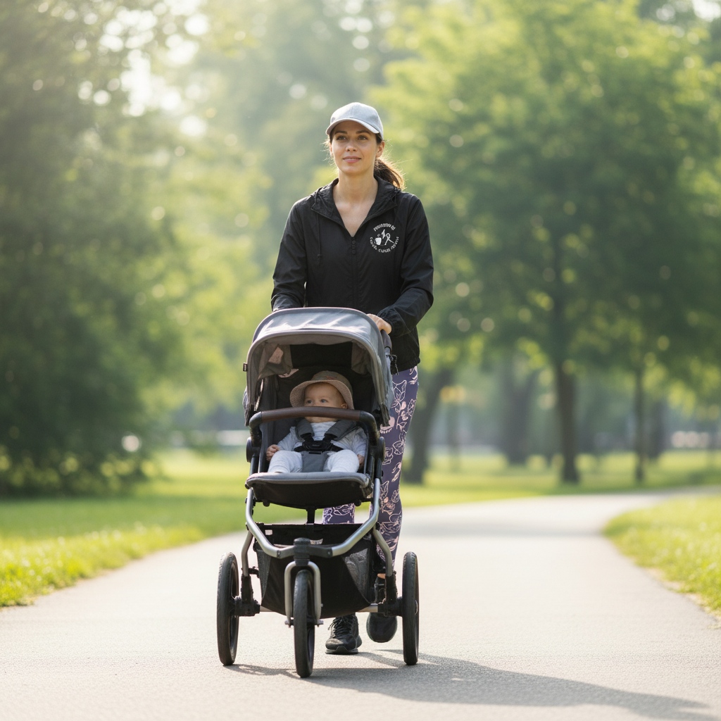 Mom pushing stroller toward camera