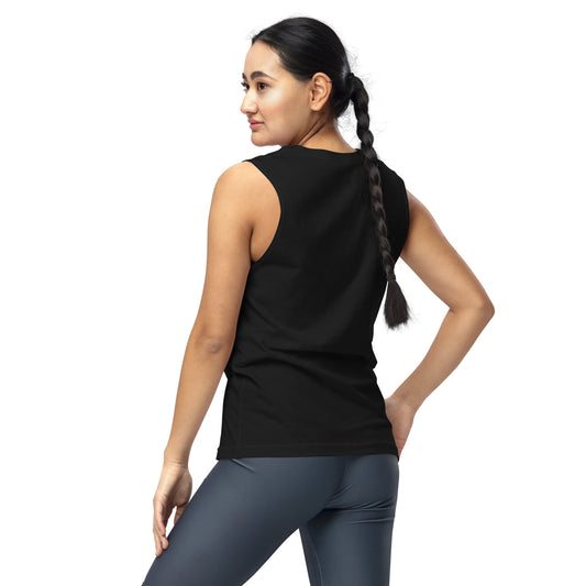 Black sleeveless muscle shirt with wide armholes, worn by a woman with a long braided ponytail, shown from the back.