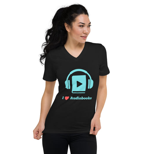 Black unisex V-neck tee with turquoise headphones and play button graphic, red heart, and "I ❤️ Audiobooks" text.