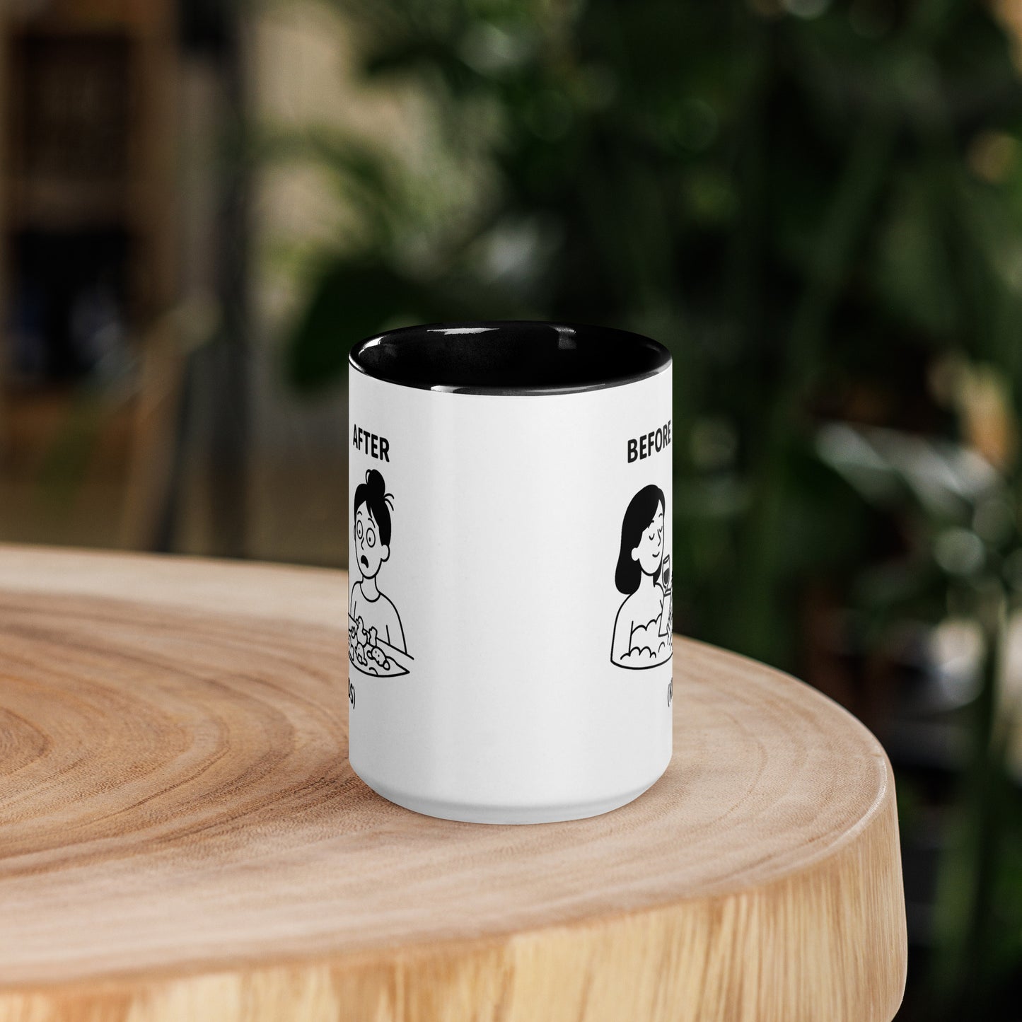 White ceramic mug with black interior, featuring black line art of a tired mom before and a refreshed mom after bath.