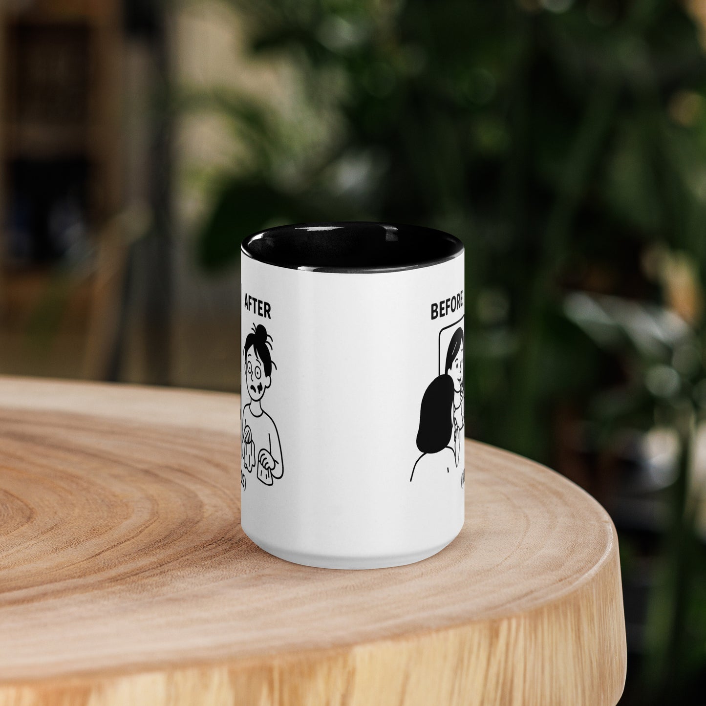 White ceramic mug with black interior featuring humorous black line art of a messy-haired child before makeup and a polished .