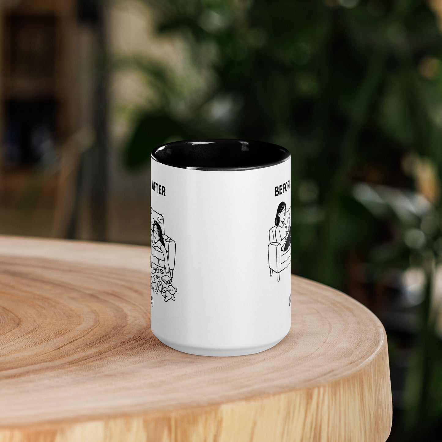 White mug with black interior and black handle on a wooden surface with a blurred background
