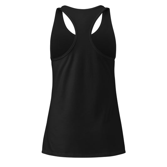 Black women's racerback tank top with athletic fit and smooth fabric.