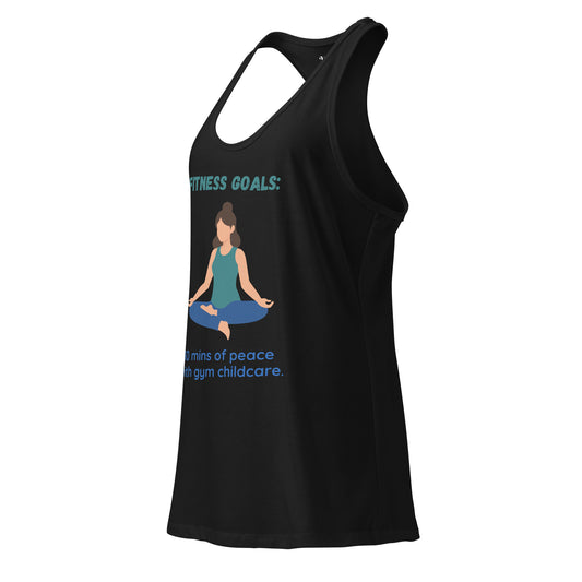 Black fitted racerback tank top with yoga mom graphic and “30 mins of peace in gym childcare” text.