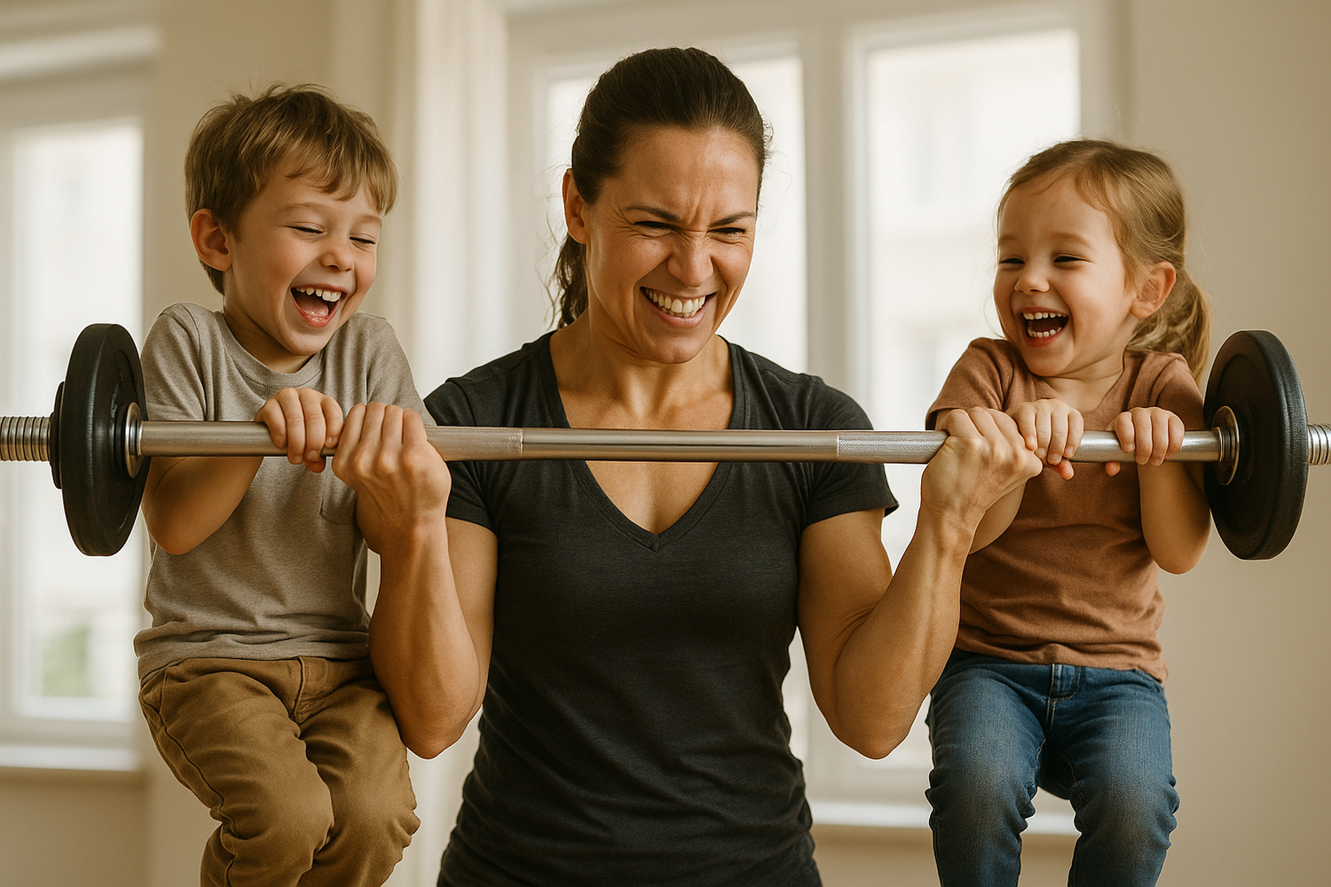 Mom lifting weights with kids, showcasing the fun of Gym Childcare Collection and mom life chaos.