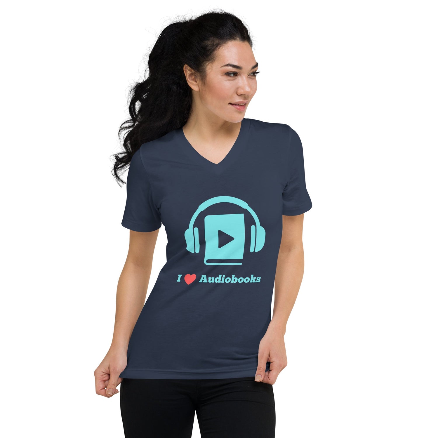 Stylish woman wearing a navy v-neck tee with an 'I ❤️ Audiobooks' graphic design, perfect for moms during their busy days.