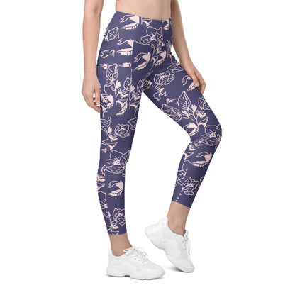 Lavender Floral High-Waist Leggings with Pockets