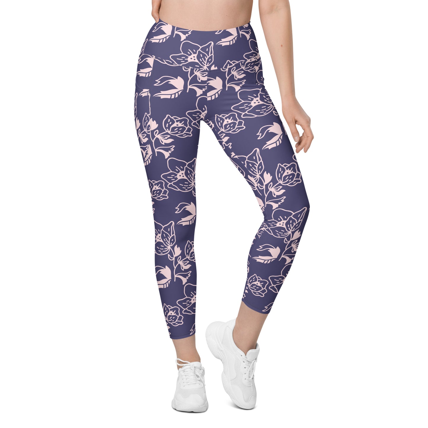 Lavender Floral High-Waist Leggings with Pockets