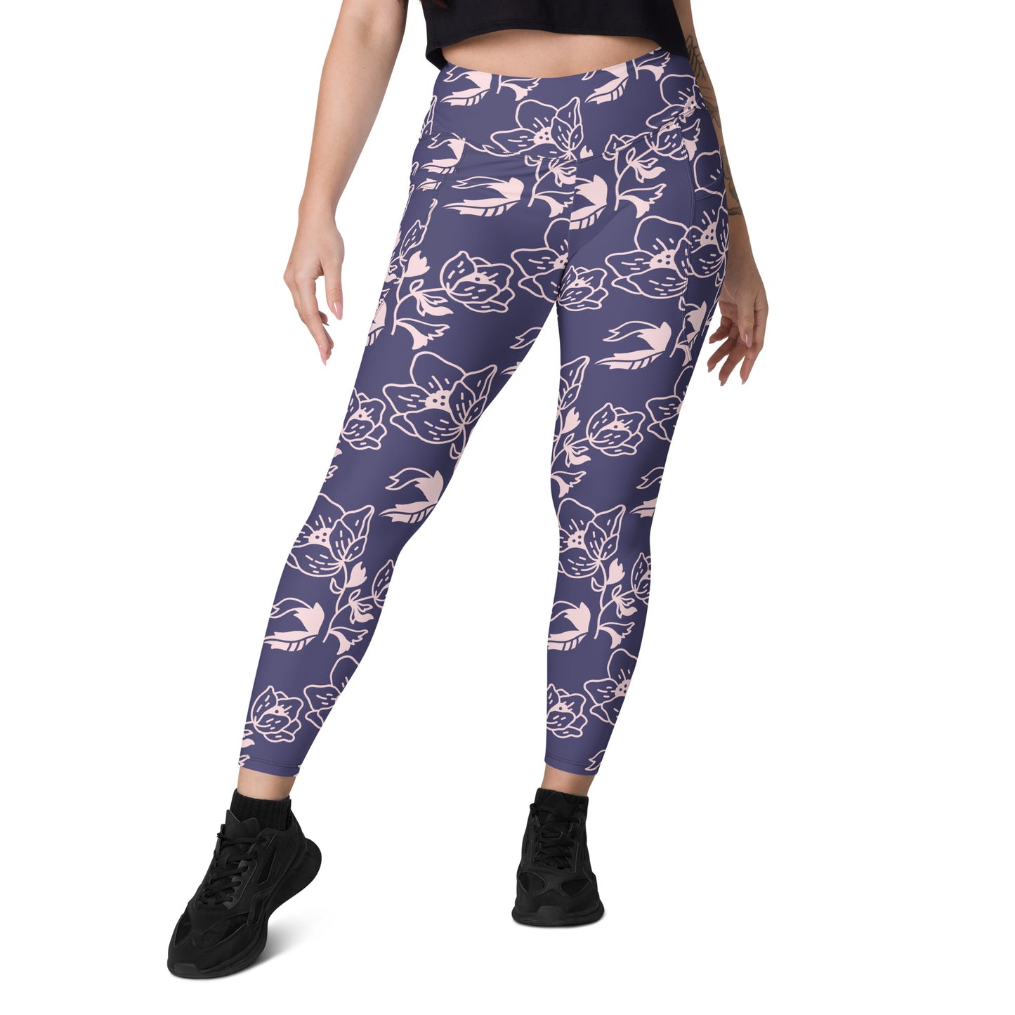 Lavender Floral High-Waist Leggings with Pockets