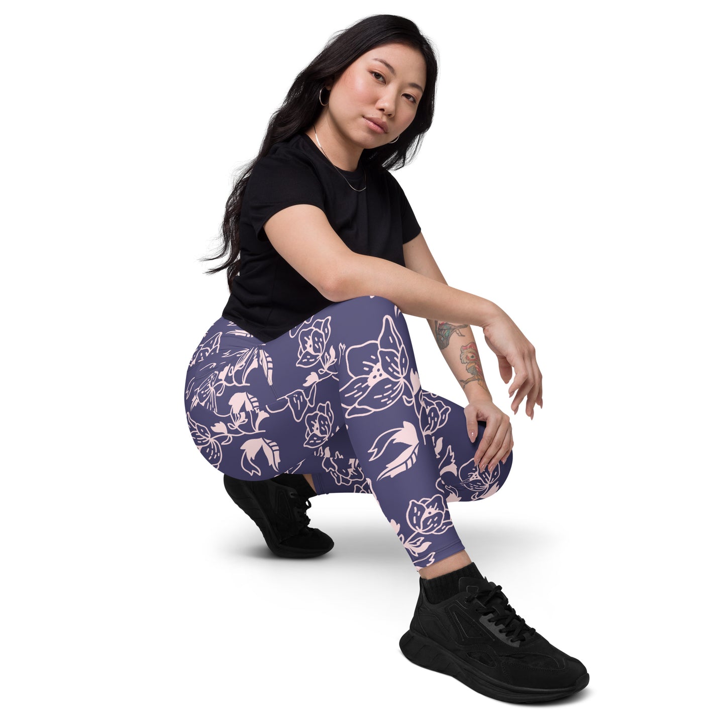 Lavender Floral High-Waist Leggings with Pockets