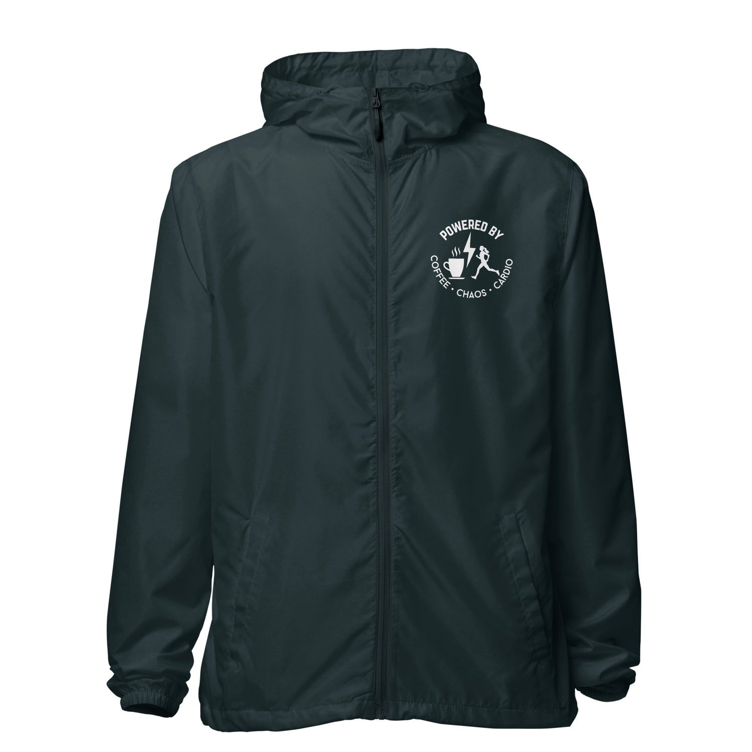 Black lightweight windbreaker with hood, front zipper, and white "Powered by Coffee Chaos & Cardio" logo on chest.