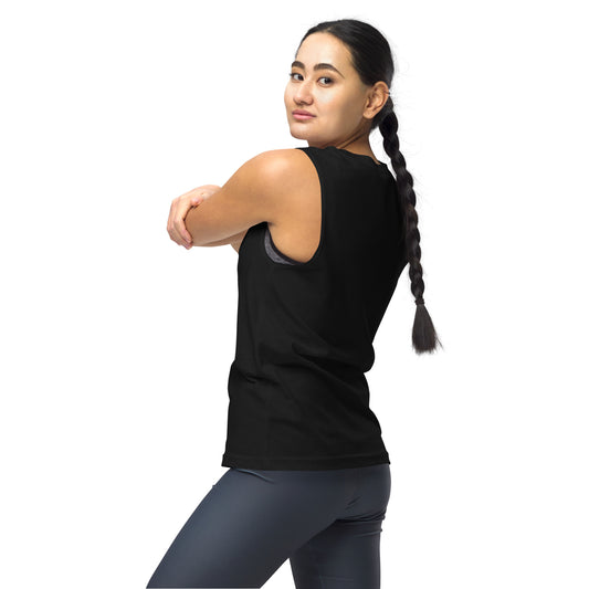Black sleeveless muscle shirt with relaxed fit on woman with braided hair, paired with dark leggings.