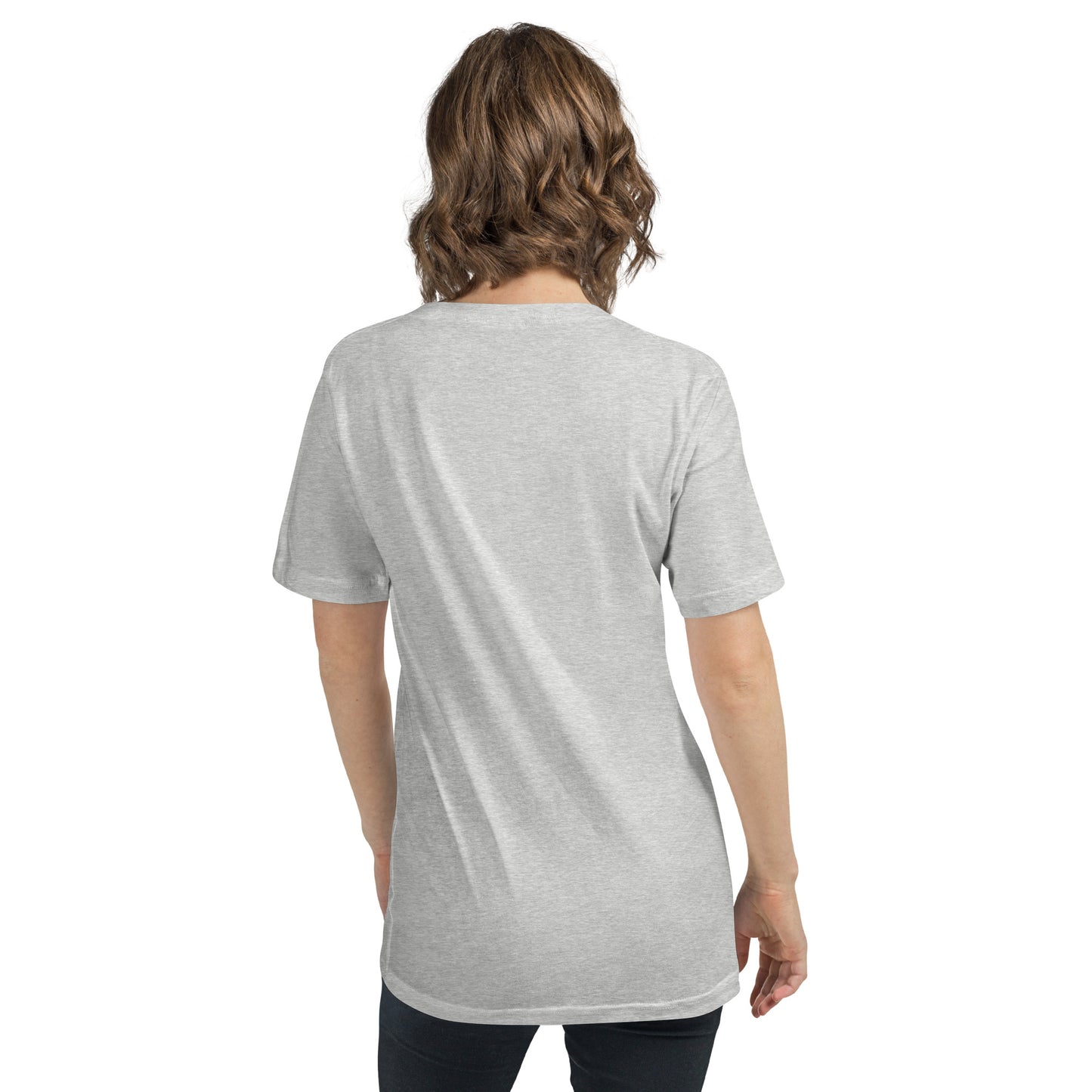 Light grey V-neck tee with short sleeves, relaxed fit, and soft fabric shown from the back.