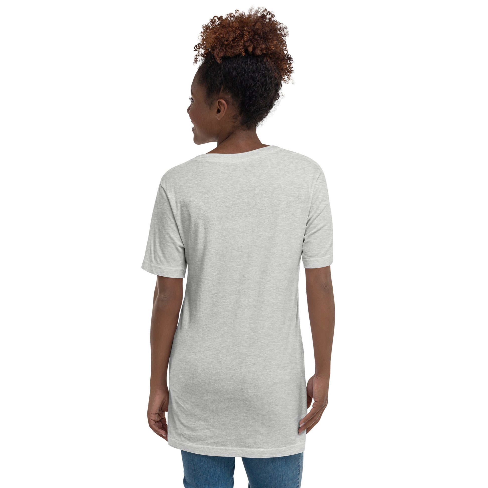 Athletic heather gray V-neck tee with short sleeves, relaxed fit on a woman viewed from the back.