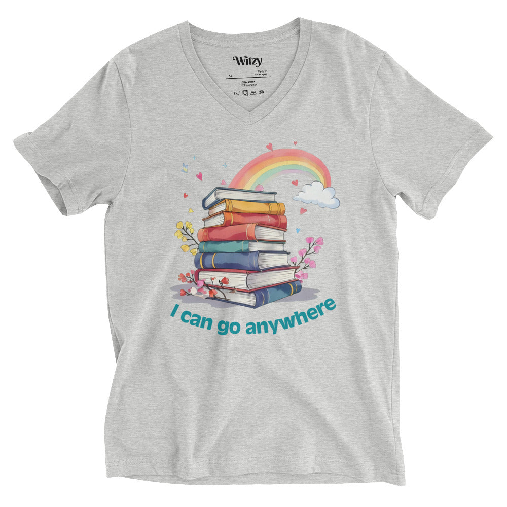 Light grey unisex v-neck tee with colorful rainbow and stack of books graphic and "I can go anywhere" text.
