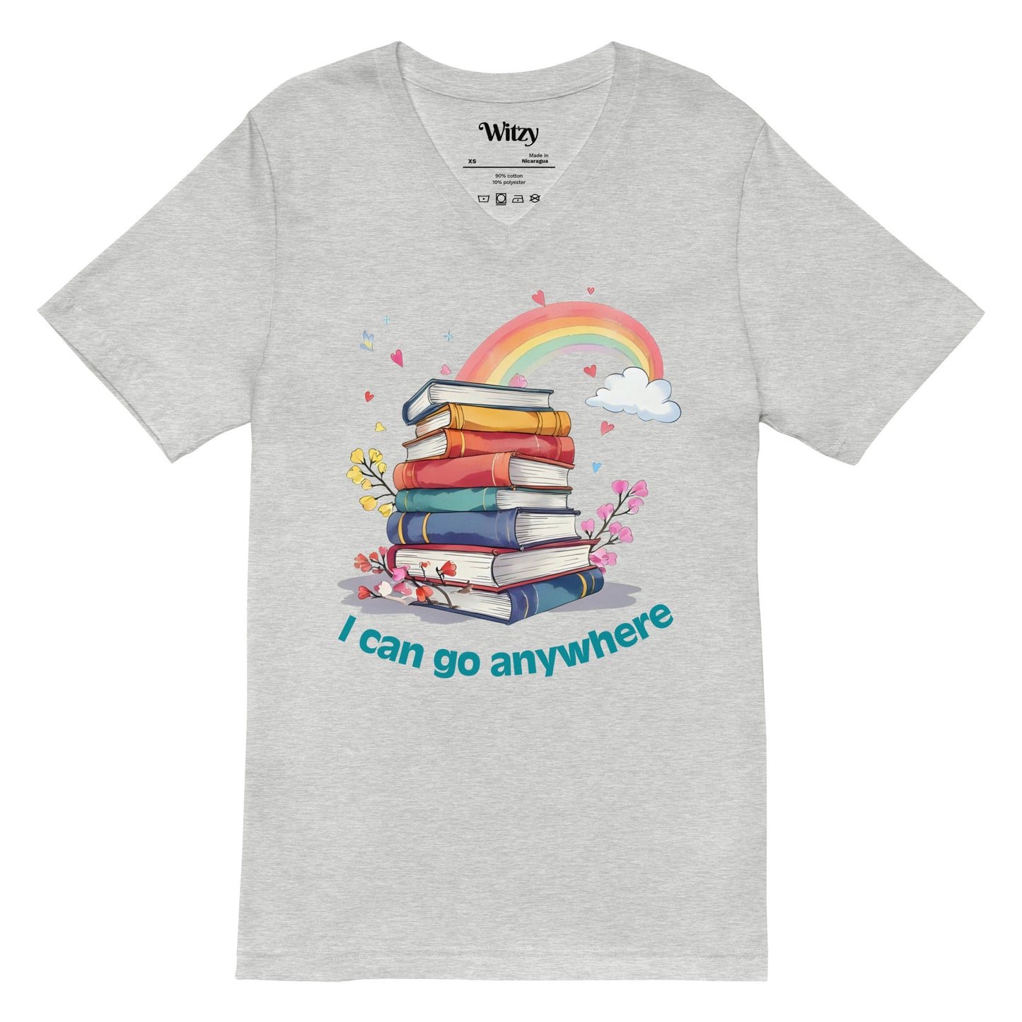 Light grey unisex V-neck tee with rainbow and colorful stacked books graphic and "I can go anywhere" text.