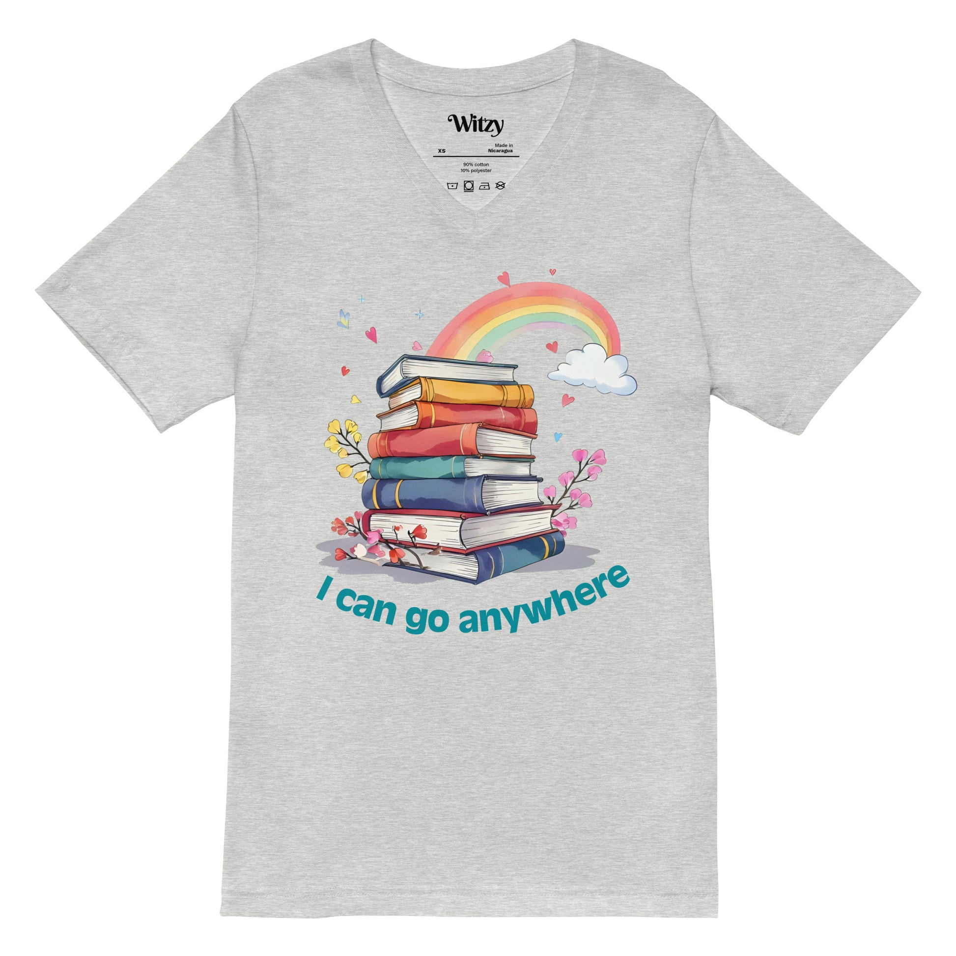 Light grey unisex V-neck tee with rainbow and colorful stacked books graphic and "I can go anywhere" text.