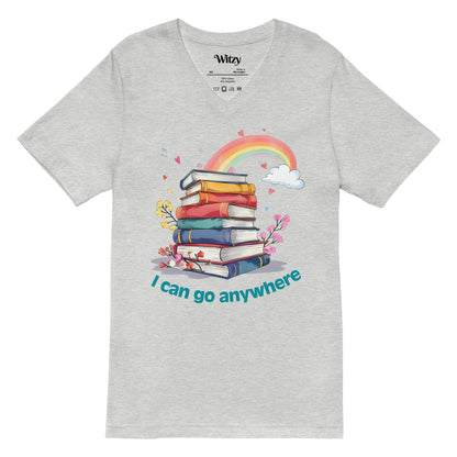 Light grey unisex V-neck tee with rainbow and colorful stacked books graphic and "I can go anywhere" text.