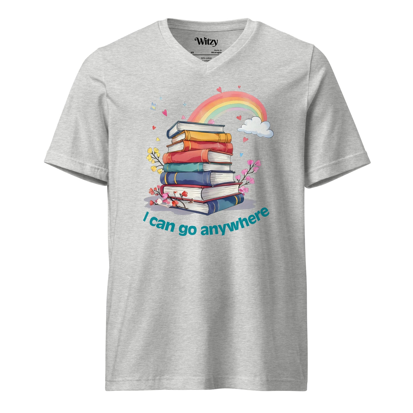 Light gray unisex V-neck tee with colorful stacked books, rainbow, clouds, and "I can go anywhere" text.
