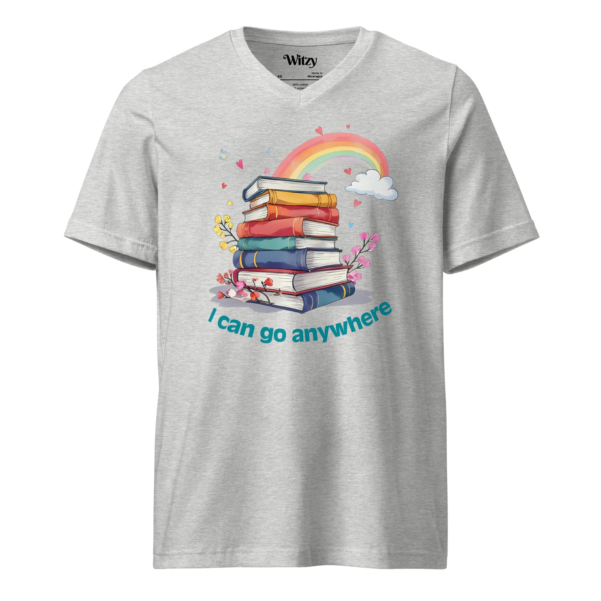 Light gray unisex V-neck tee with colorful stacked books, rainbow, clouds, and "I can go anywhere" text.