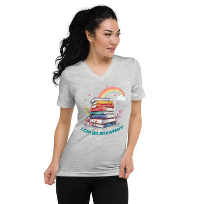Light gray unisex v-neck tee with colorful stacked books and rainbow graphic, "I can go anywhere" text.