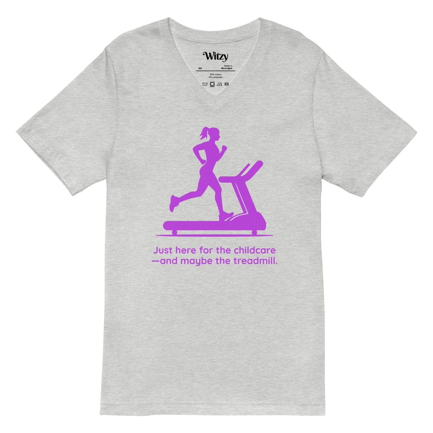 Light grey V-neck tee with purple graphic of a woman running on a treadmill and text "Just here for the childcare—and maybe.