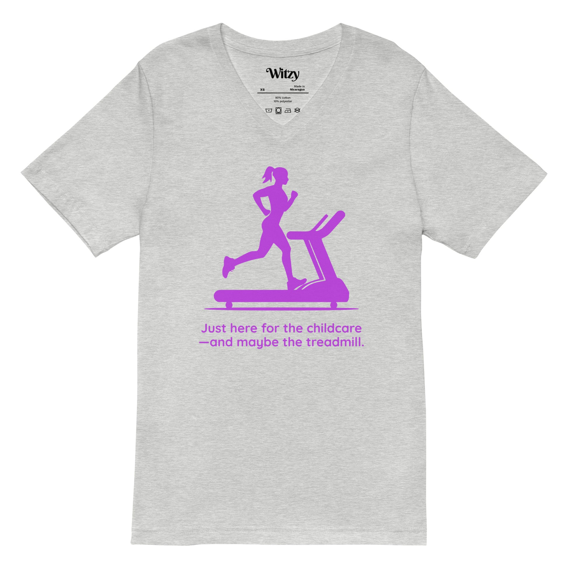 Light grey V-neck tee with purple graphic of a woman running on a treadmill and text "Just here for the childcare—and maybe.
