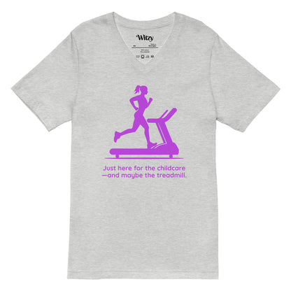 Light grey V-neck tee with purple graphic of a woman running on a treadmill and text "Just here for the childcare—and maybe.