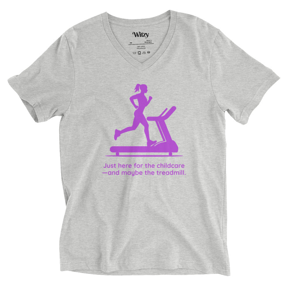 Light grey V-neck tee with purple graphic of a woman running on a treadmill and text "Just here for the childcare and maybe.