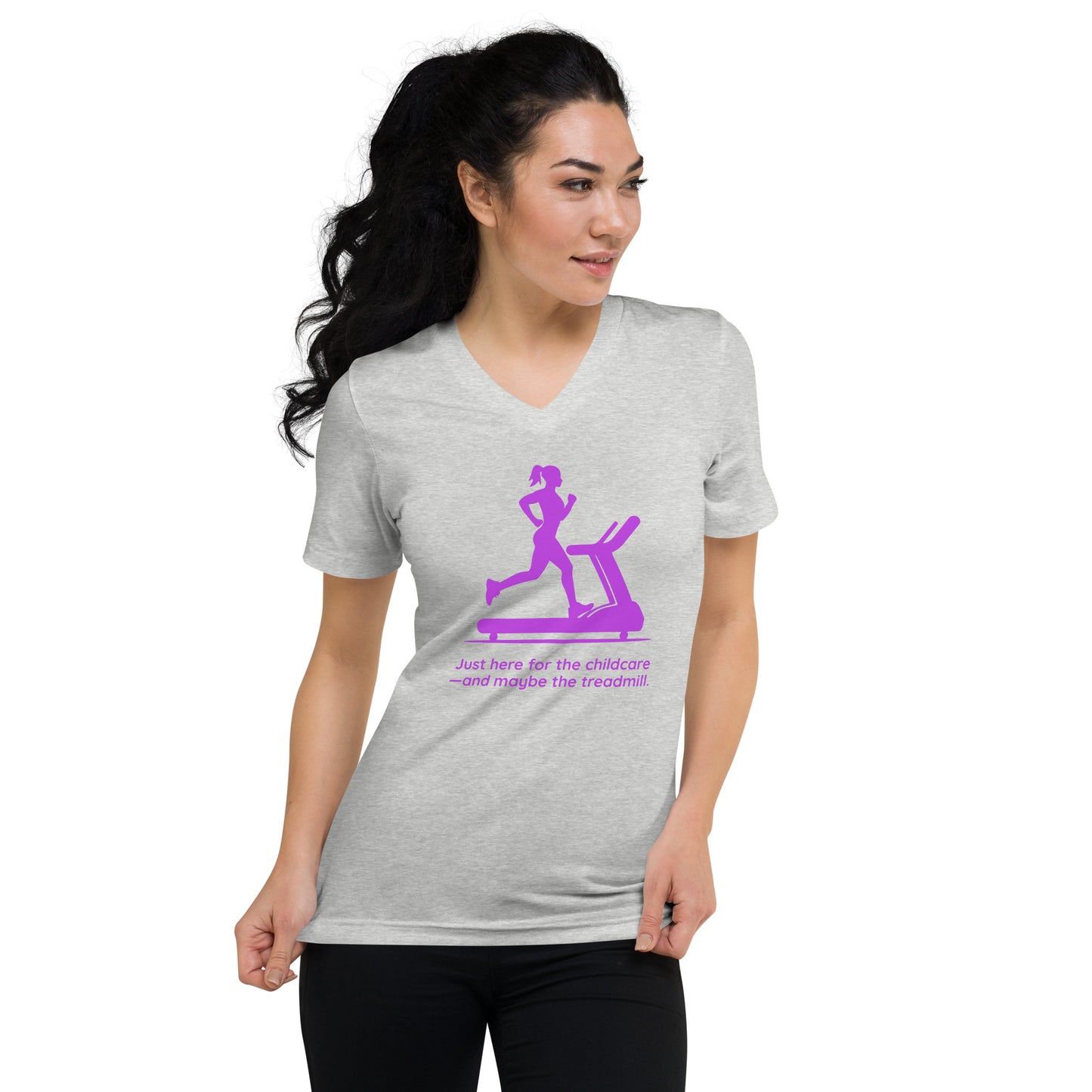 Light gray v-neck tee with purple graphic of a woman on treadmill and text about childcare and treadmill.