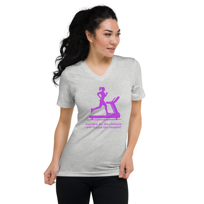 Light gray v-neck tee with purple graphic of a woman on treadmill and text about childcare and treadmill.