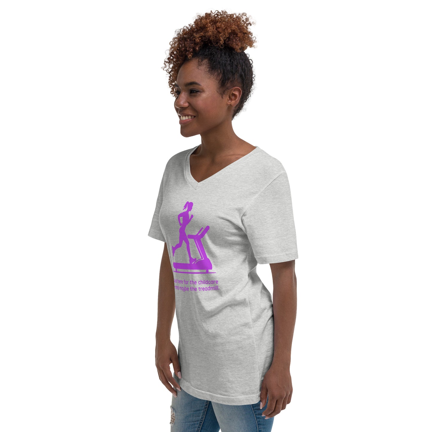 Light gray V-neck tee with purple treadmill graphic and humorous childcare workout text.