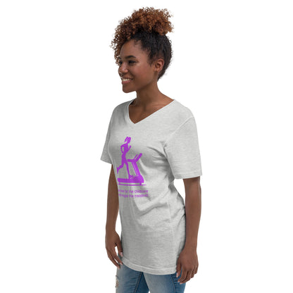 Light gray V-neck tee with purple treadmill graphic and humorous childcare workout text.