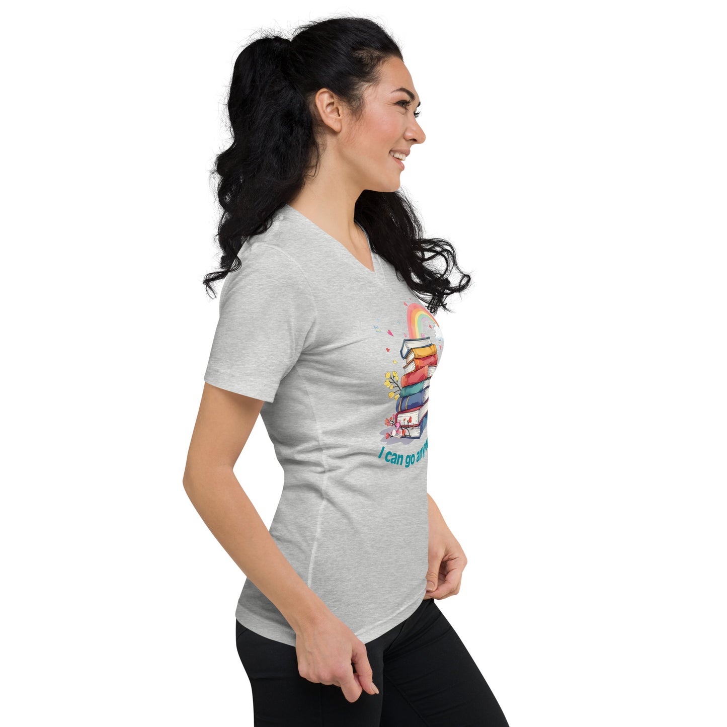 Light grey unisex v-neck tee with colorful rainbow stack of books and "I Can Go Anywhere" text on front.