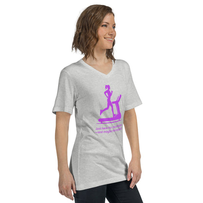 Light gray V-neck tee with purple graphic of a woman on a treadmill and playful childcare text.