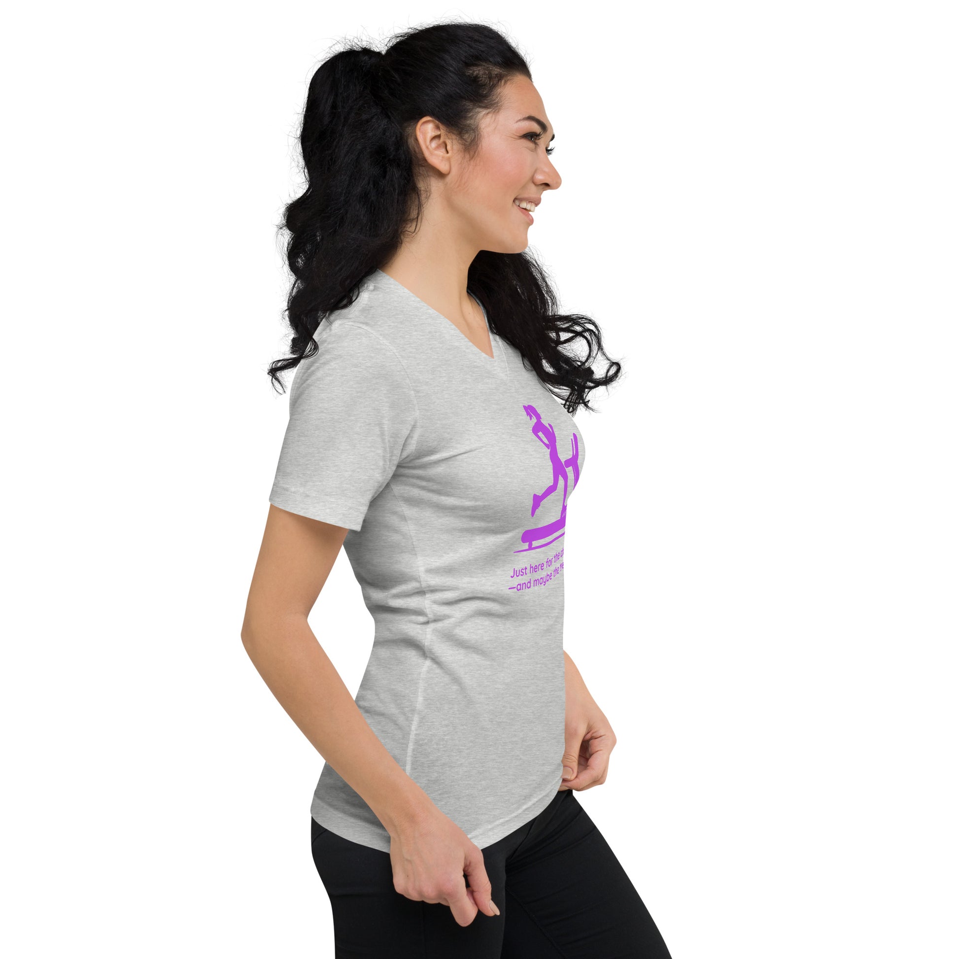Light gray V-neck tee with purple fitness mom graphic, worn by woman in profile, paired with black leggings.