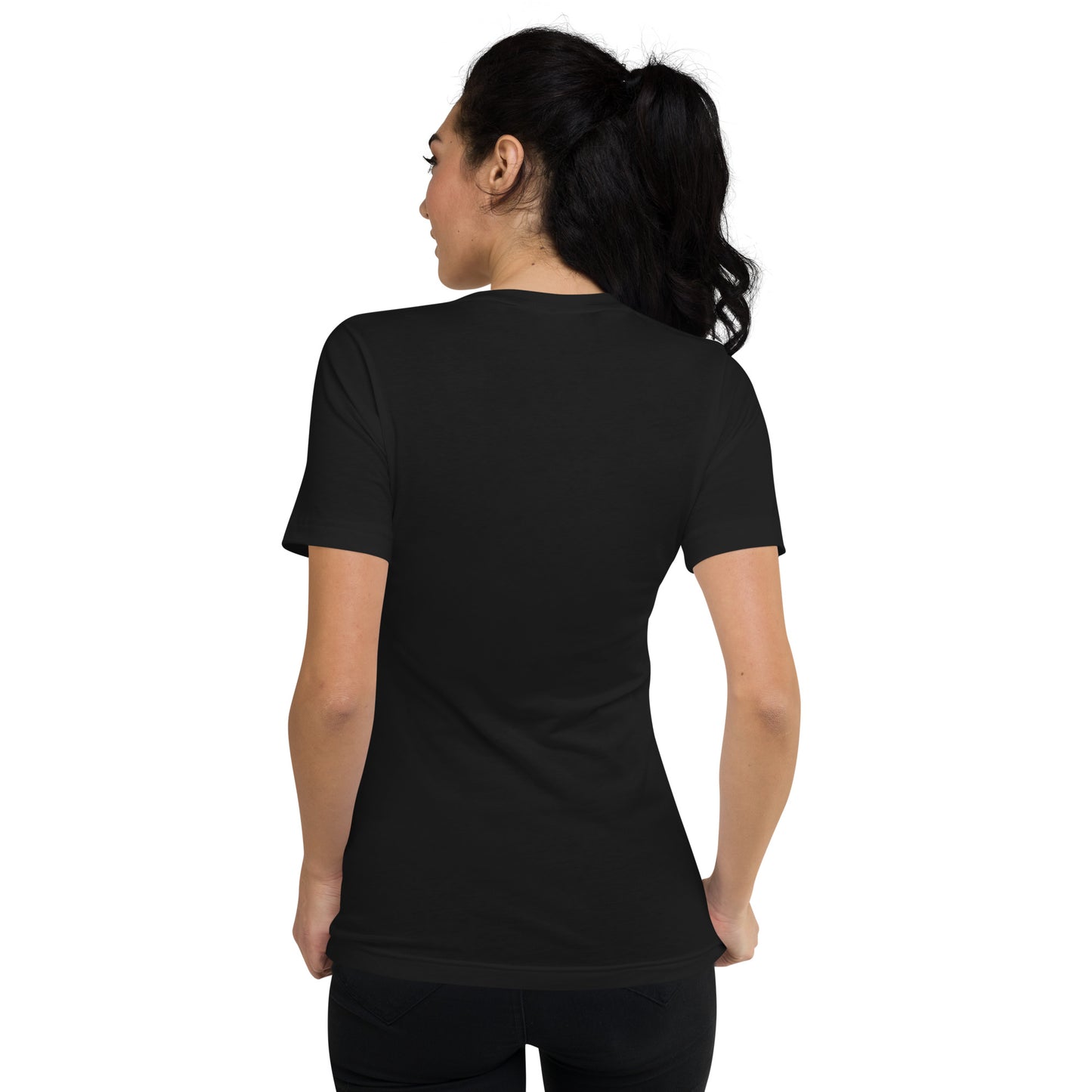 Black short-sleeve fitted V-neck tee shown from the back on a female model with dark hair in a ponytail.