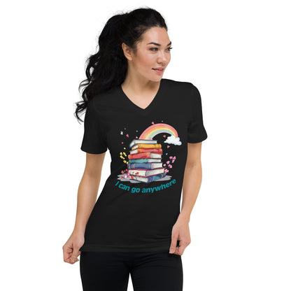 Black unisex V-neck tee with colorful stacked books and rainbow, text "I can go anywhere".