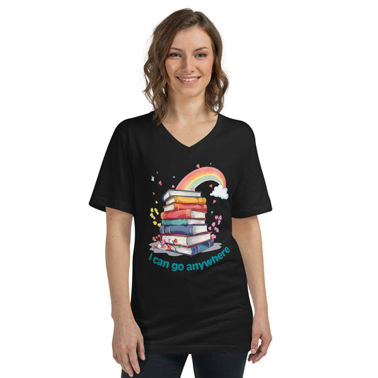 Black unisex V-neck tee with colorful stacked books and a rainbow, "I can go anywhere" text below.