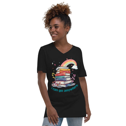 Black unisex V-neck tee with colorful stacked books and rainbow design, text "I can go anywhere".