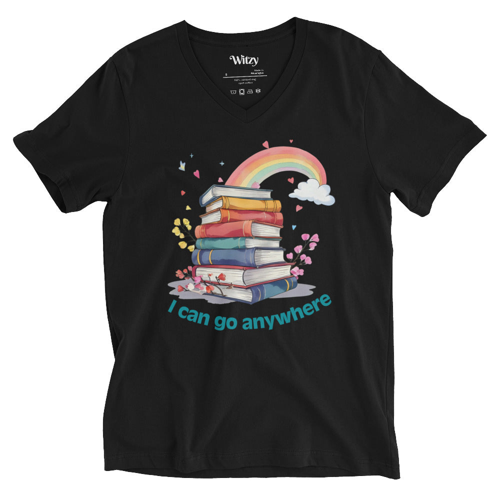 Black unisex V-neck tee with stacked books, rainbow, and "I can go anywhere" text design.