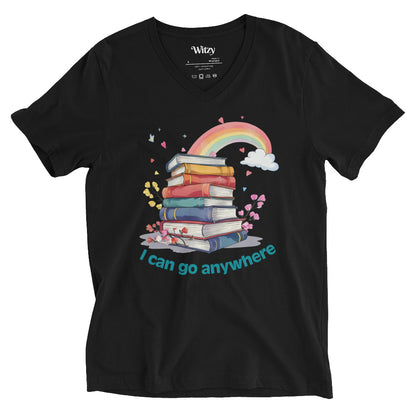 Black unisex V-neck tee with stacked books, rainbow, and "I can go anywhere" text design.