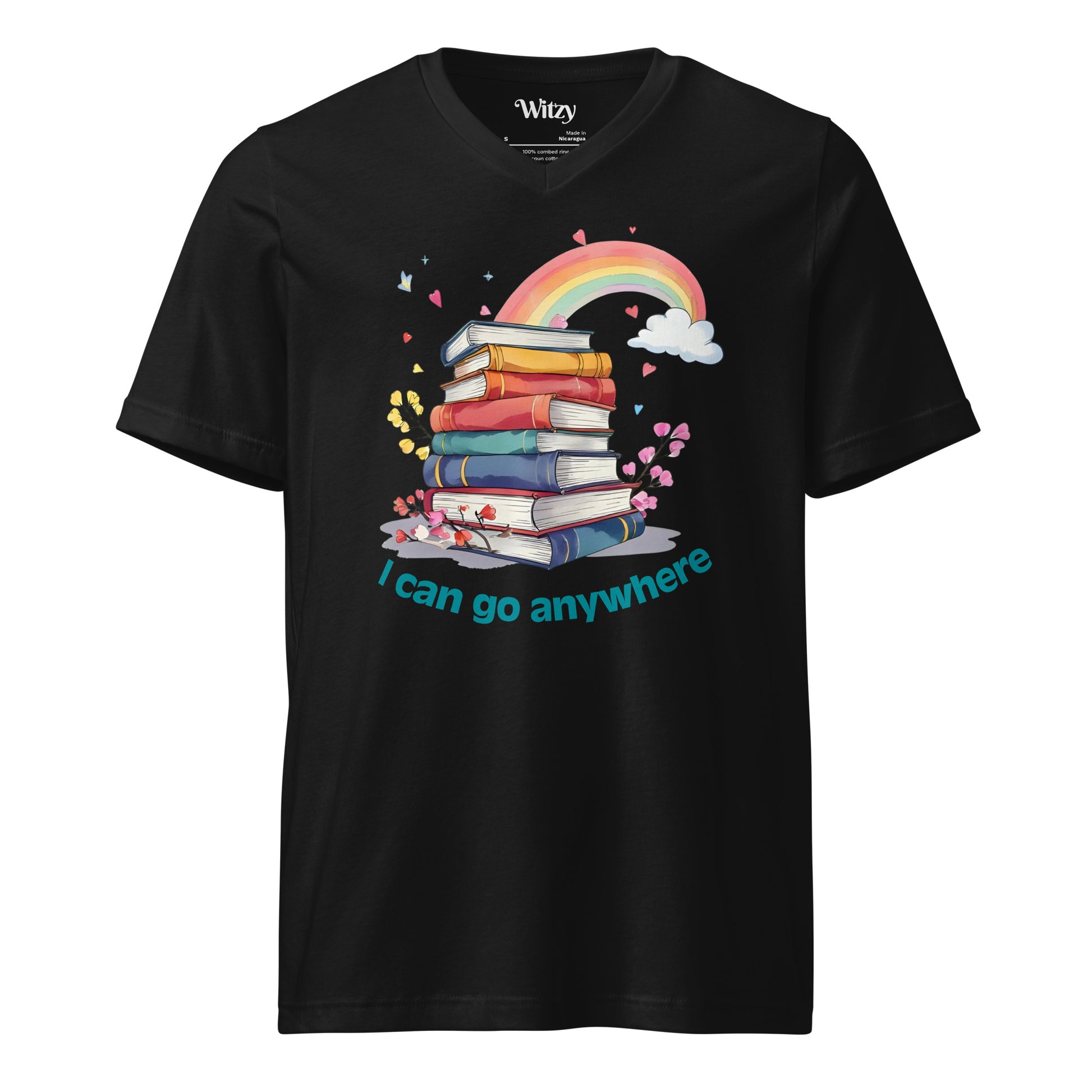 Black unisex v-neck tee with colorful stacked books and rainbow design, "I can go anywhere" text below.