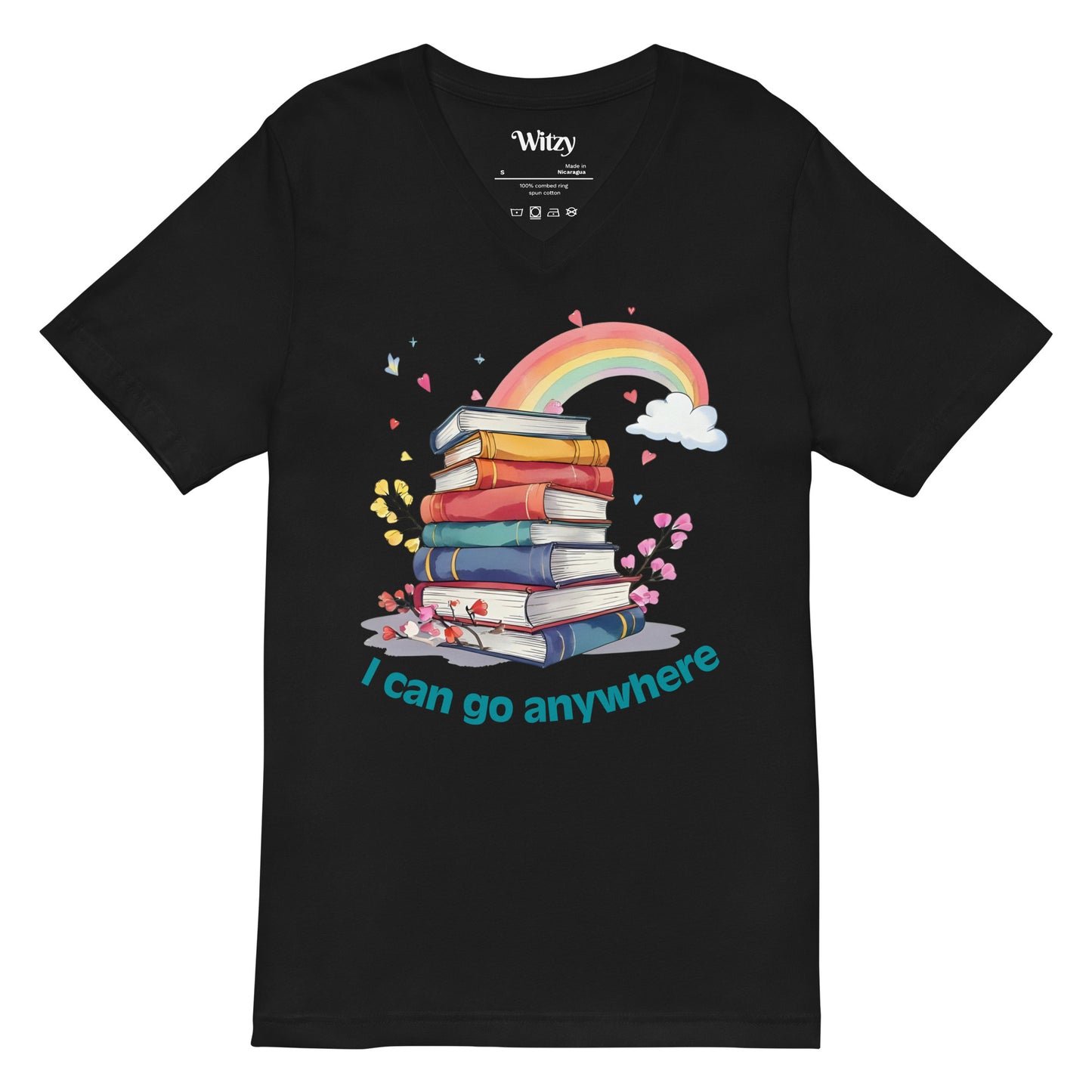Black unisex v-neck tee with colorful stacked books and rainbow graphic, "I can go anywhere" text.