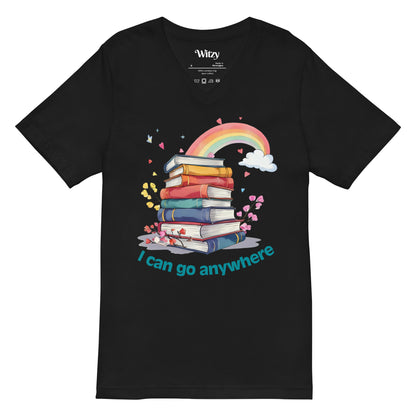 Black unisex v-neck tee with colorful stacked books and rainbow graphic, "I can go anywhere" text.